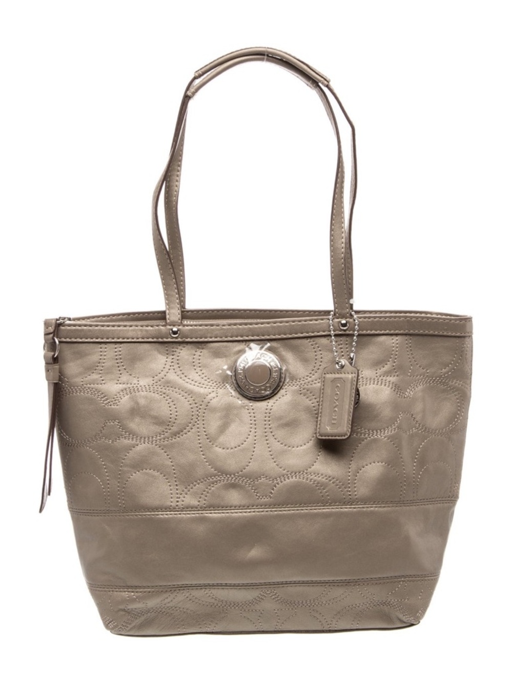 Coach F18877 Gold Metallic Signature Stripe Leather Tote Shoulder Bag Purse